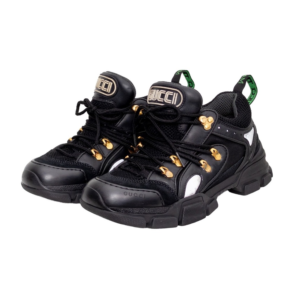 Gucci Flashtrek Chunky Sneakers Black Gold Mesh Leather Low Top Shoes (8.5 US)